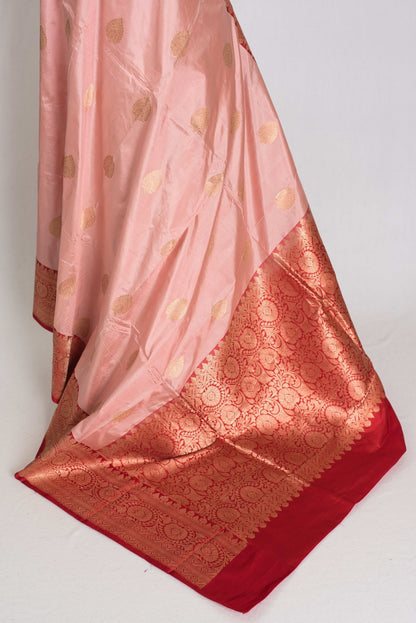 Gouri : Certified Katan Silk Banarasi Saree in Dusty Pink and Red - Saree Mandi