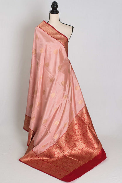 Gouri : Certified Katan Silk Banarasi Saree in Dusty Pink and Red - Saree Mandi