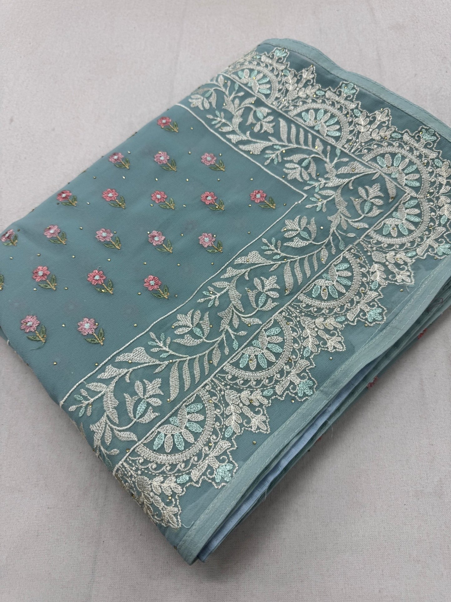 Grace | Sky Blue Georgette Partywear Saree | Pastel Floral Booti Embroidery - Saree Mandi