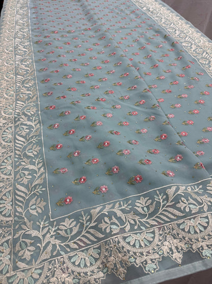 Grace | Sky Blue Georgette Partywear Saree | Pastel Floral Booti Embroidery - Saree Mandi
