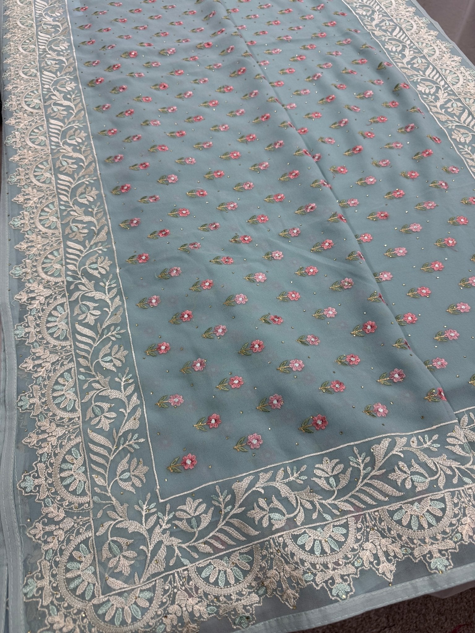 Grace | Sky Blue Georgette Partywear Saree | Pastel Floral Booti Embroidery - Saree Mandi