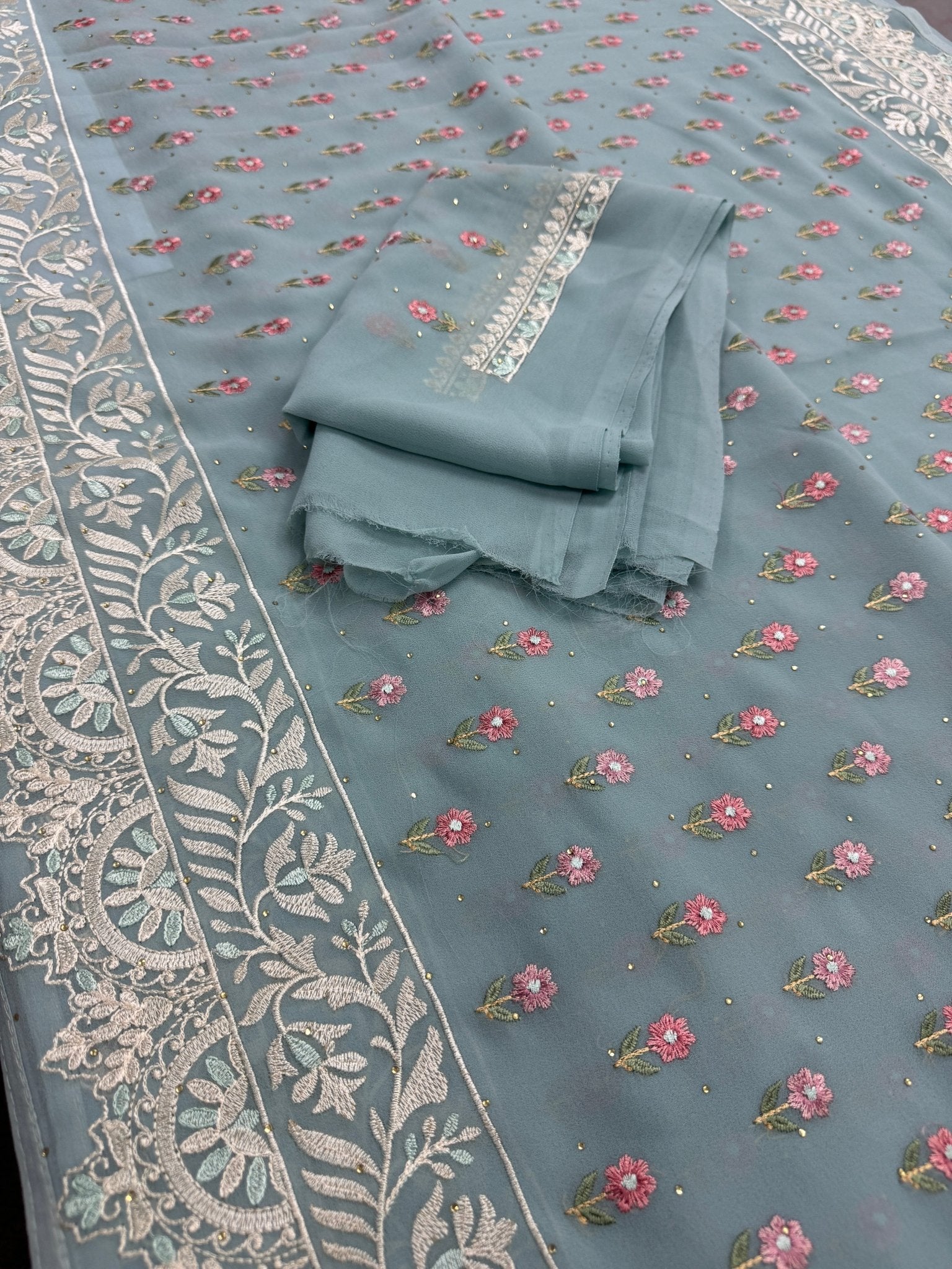 Grace | Sky Blue Georgette Partywear Saree | Pastel Floral Booti Embroidery - Saree Mandi