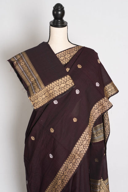 Coffee Brown Cotton saree — drape view
