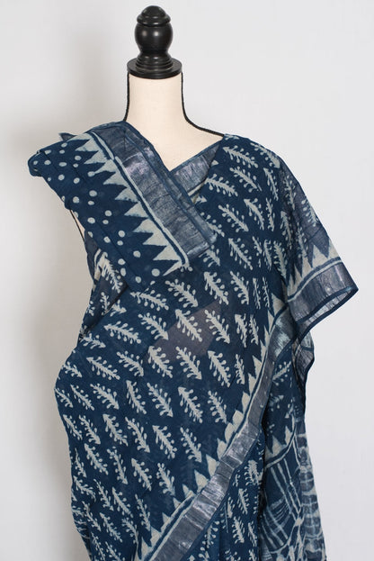 Gracy: Indigo Blue Linen Cotton Saree with Kalamkari Prints - Saree Mandi