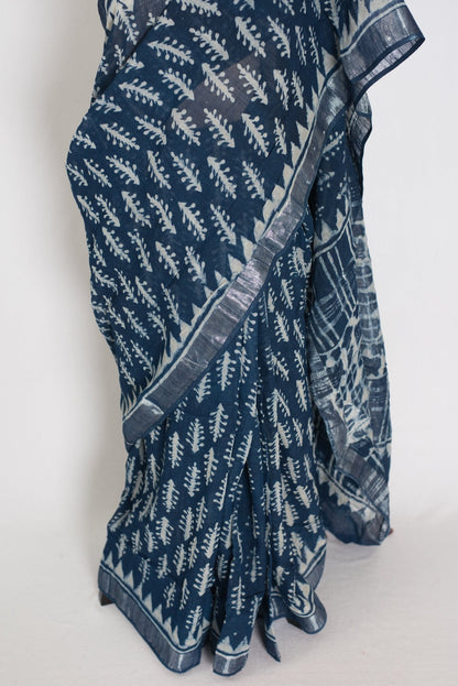 Gracy: Indigo Blue Linen Cotton Saree with Kalamkari Prints - Saree Mandi