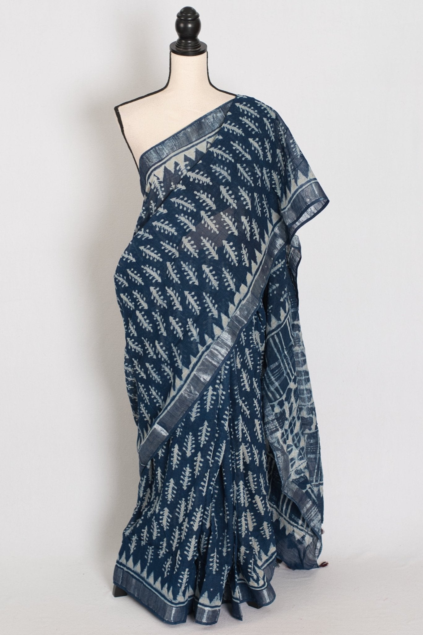 Gracy: Indigo Blue Linen Cotton Saree with Kalamkari Prints - Saree Mandi