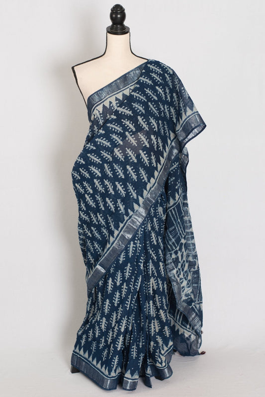 Gracy: Indigo Blue Linen Cotton Saree with Kalamkari Prints - Saree Mandi