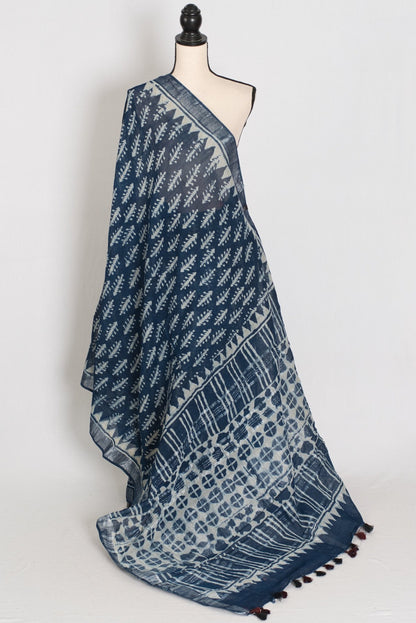 Gracy: Indigo Blue Linen Cotton Saree with Kalamkari Prints - Saree Mandi