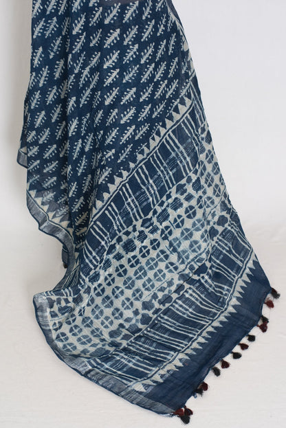 Gracy: Indigo Blue Linen Cotton Saree with Kalamkari Prints - Saree Mandi