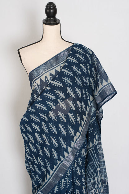 Gracy: Indigo Blue Linen Cotton Saree with Kalamkari Prints - Saree Mandi