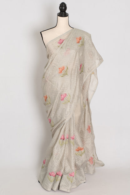 Jessica | Soft Grey Semi Kota Silk Saree | Pastel Floral Machine Embroidery image 0