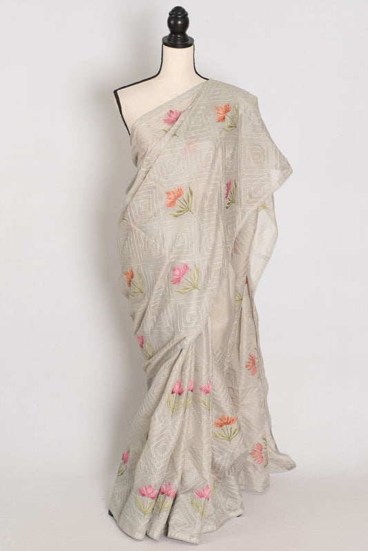 Jessica | Soft Grey Semi Kota Silk Saree | Pastel Floral Machine Embroidery image 0