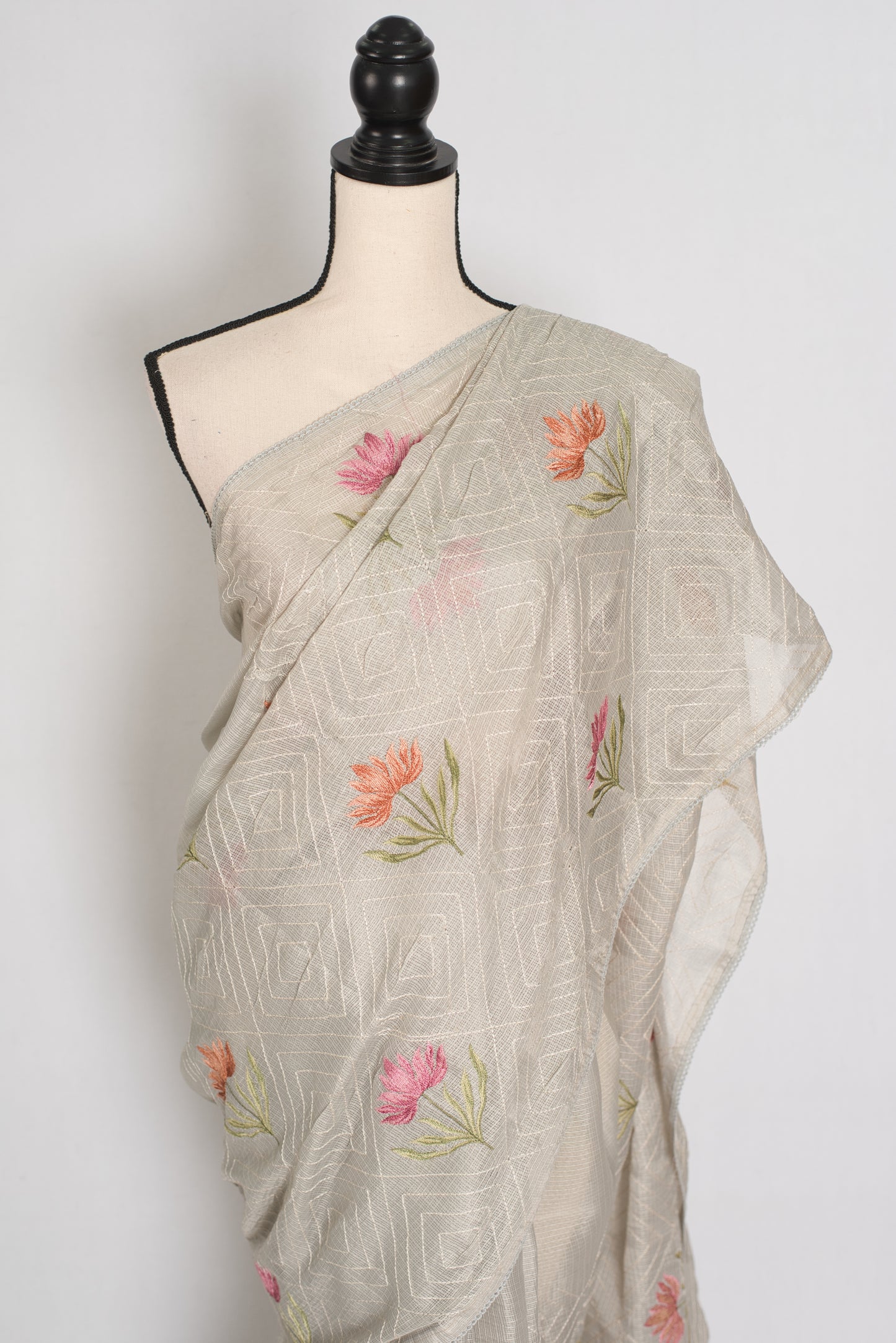 Jessica | Soft Grey Semi Kota Silk Saree | Pastel Floral Machine Embroidery image 1