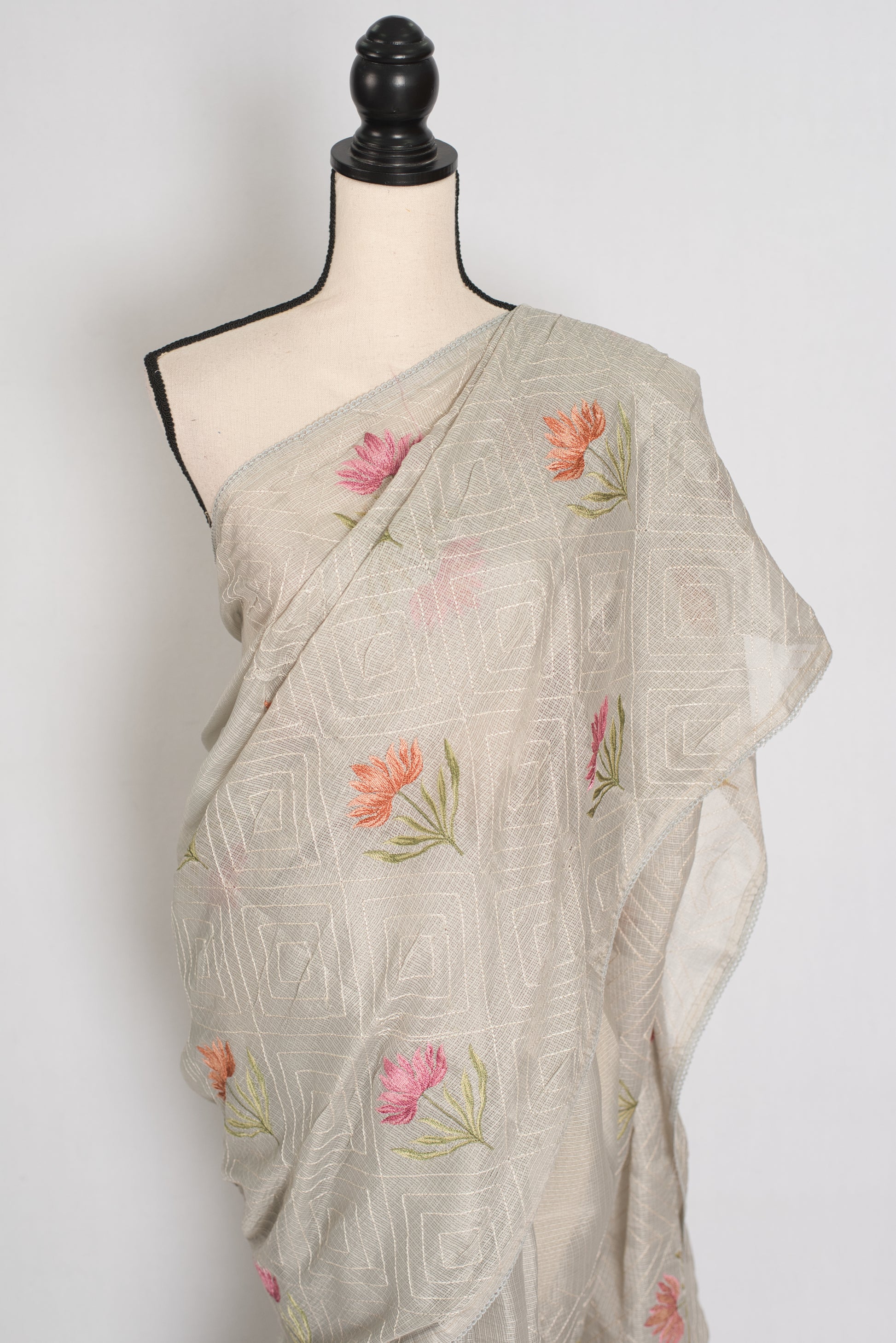 Jessica | Soft Grey Semi Kota Silk Saree | Pastel Floral Machine Embroidery image 1