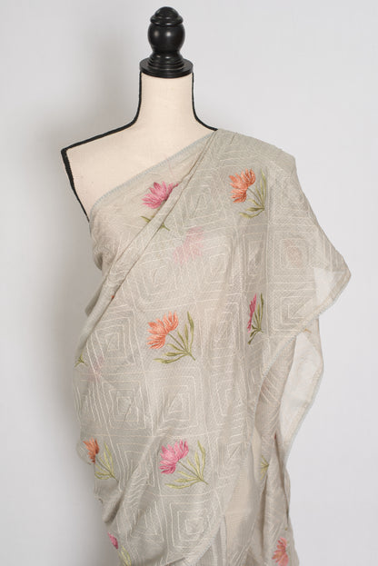 Jessica | Soft Grey Semi Kota Silk Saree | Pastel Floral Machine Embroidery image 1