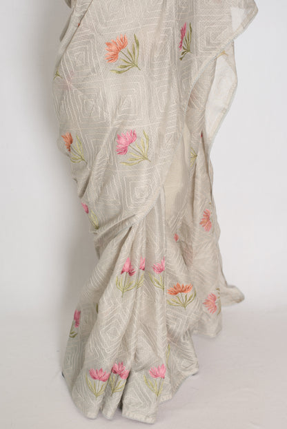 Jessica | Soft Grey Semi Kota Silk Saree | Pastel Floral Machine Embroidery image 2