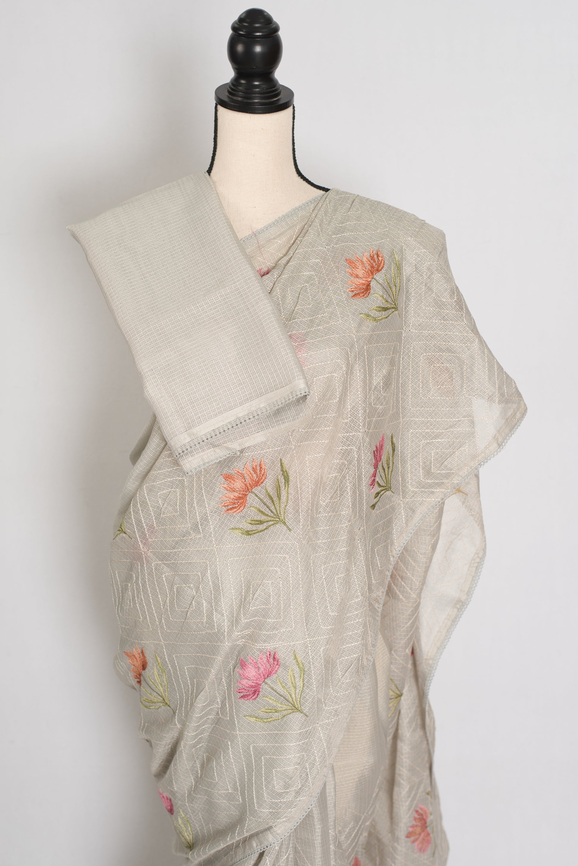 Jessica | Soft Grey Semi Kota Silk Saree | Pastel Floral Machine Embroidery image 3