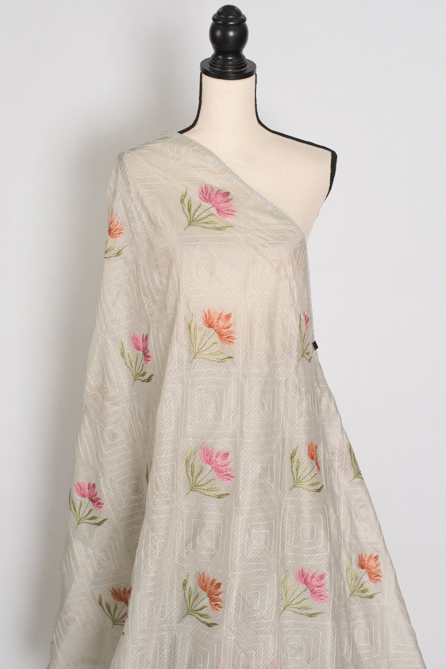 Jessica | Soft Grey Semi Kota Silk Saree | Pastel Floral Machine Embroidery image 4