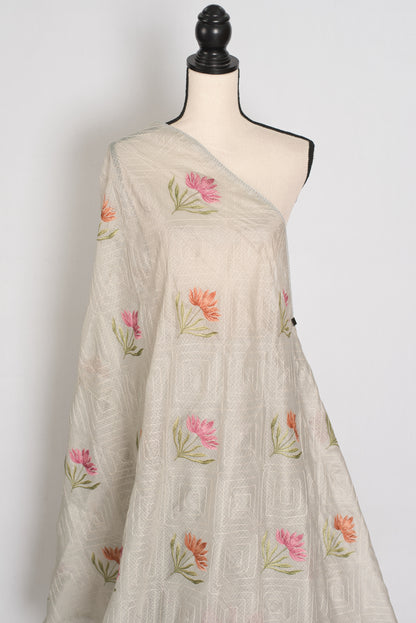 Jessica | Soft Grey Semi Kota Silk Saree | Pastel Floral Machine Embroidery image 4