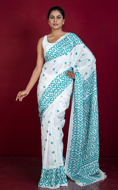 Hand Embroidery Kutch Work Blended Silk Saree in White.