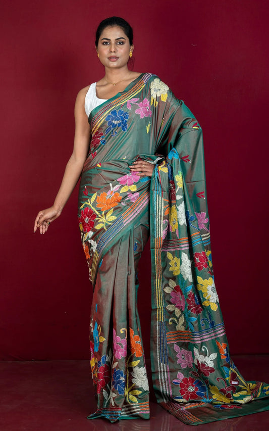 Kantha Stitch Hand Embroidery on Blended Silk Saree - Bengali Saree.