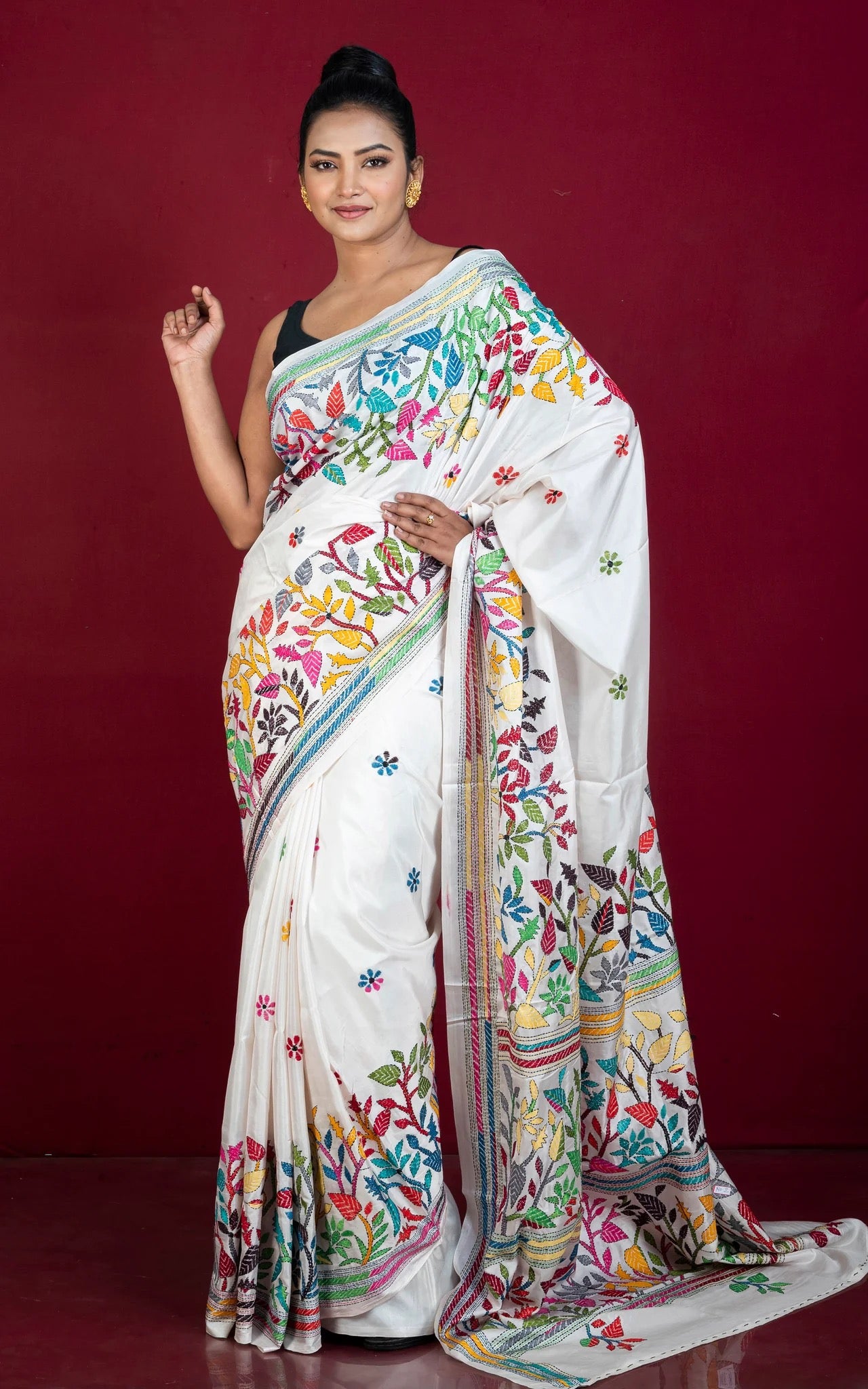 Kantha Stitch Hand Embroidery Saree on Off White Blended Silk - Bengali Saree.