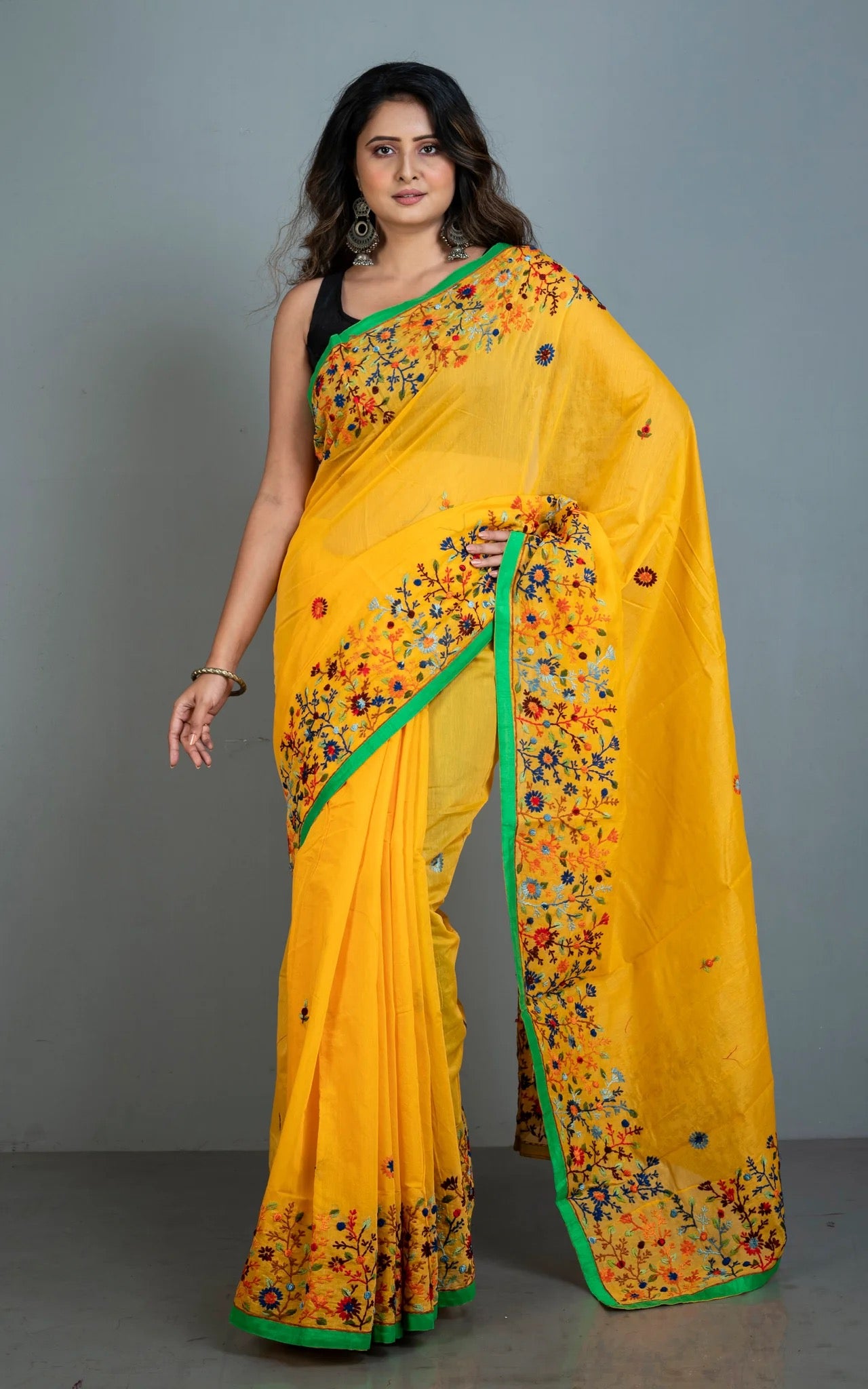 Hand Embroidery Cotton Chanderi Parsi Work Saree in Yellow.