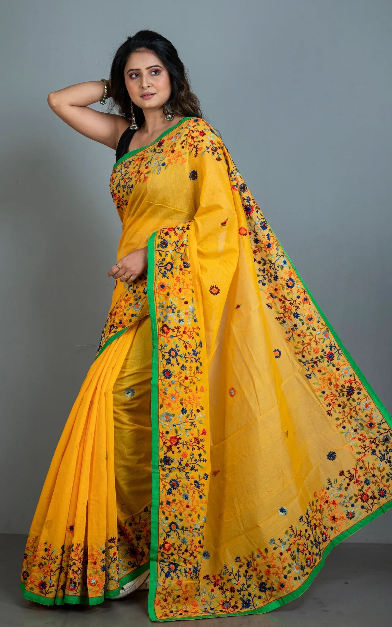 Hand Embroidery Cotton Chanderi Parsi Work Saree in Yellow.