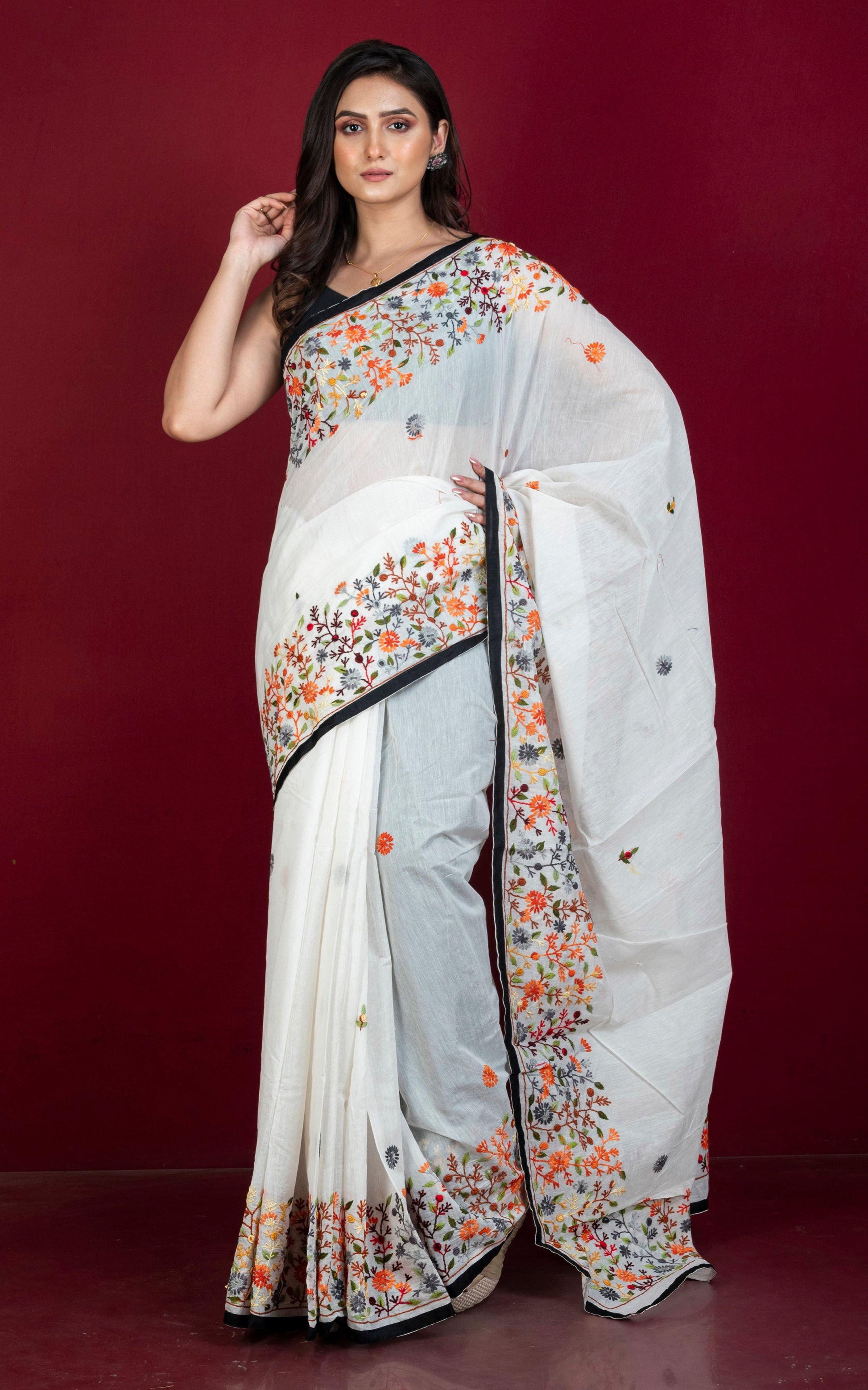 Hand Embroidery Cotton Chanderi Parsi Work Saree in White and Black.