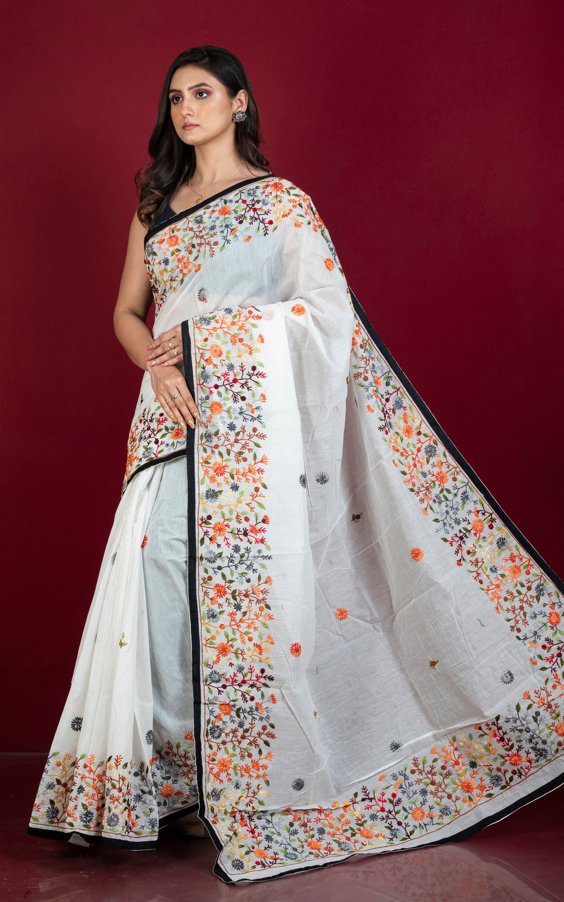 Hand Embroidery Cotton Chanderi Parsi Work Saree in White and Black.