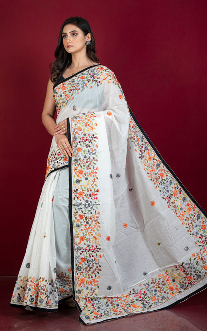 Hand Embroidery Cotton Chanderi Parsi Work Saree in White and Black.