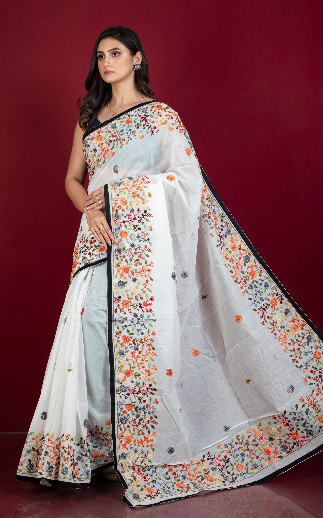 Hand Embroidery Cotton Chanderi Parsi Work Saree in White.