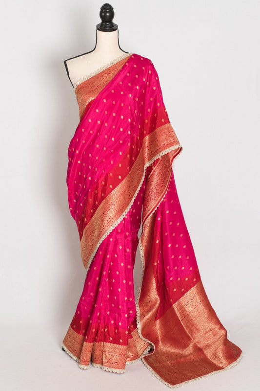 Harini | Pink & Red Dola Silk Banarasi Saree | Designer Stitched Lace Border - Saree Mandi