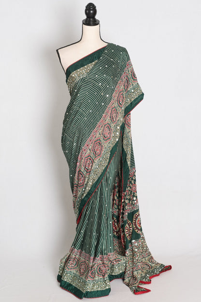 Heena – Deep Green Stripe Semi Modal Silk Ajrakh Saree with Mirror Embroidery - Saree Mandi