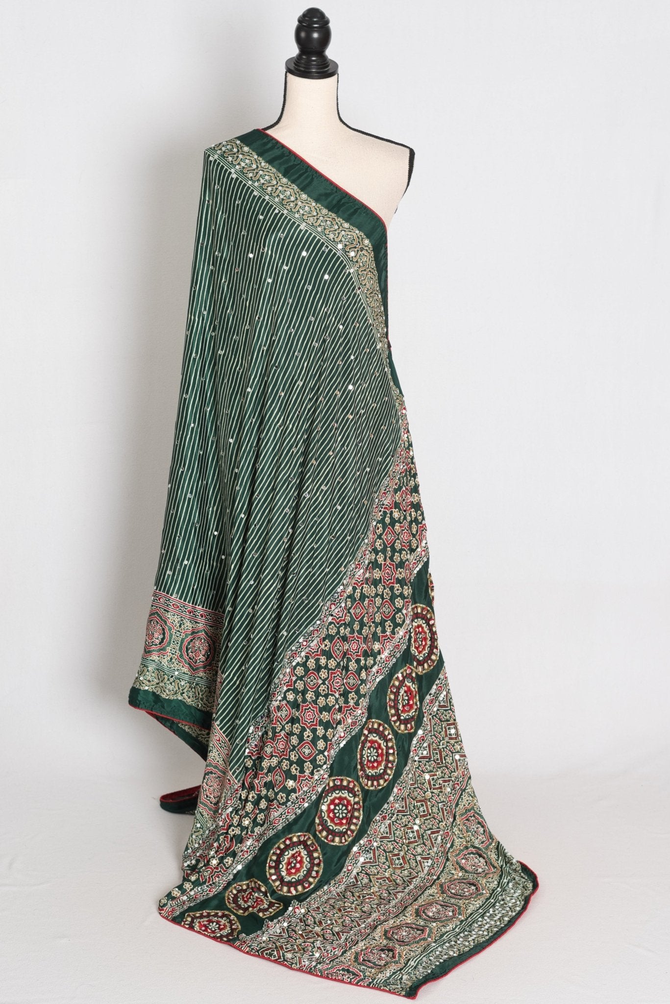 Heena – Deep Green Stripe Semi Modal Silk Ajrakh Saree with Mirror Embroidery - Saree Mandi