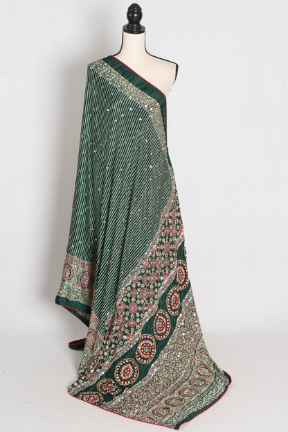 Heena – Deep Green Stripe Semi Modal Silk Ajrakh Saree with Mirror Embroidery - Saree Mandi