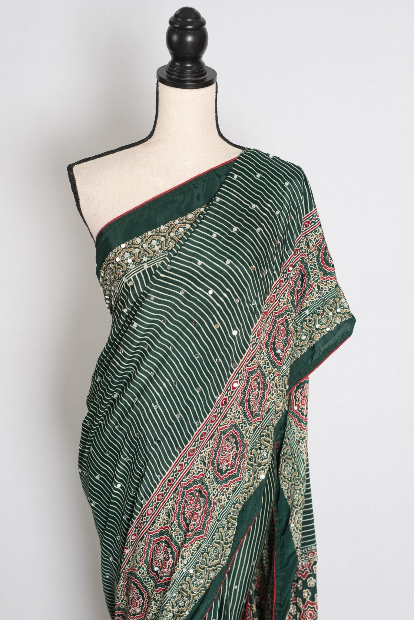 Heena – Deep Green Stripe Semi Modal Silk Ajrakh Saree with Mirror Embroidery - Saree Mandi