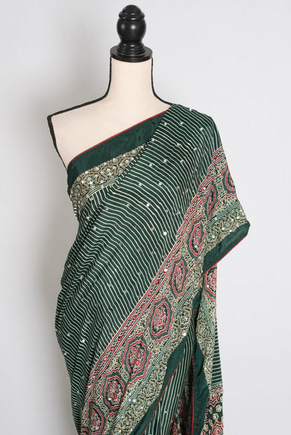 Heena – Deep Green Stripe Semi Modal Silk Ajrakh Saree with Mirror Embroidery - Saree Mandi