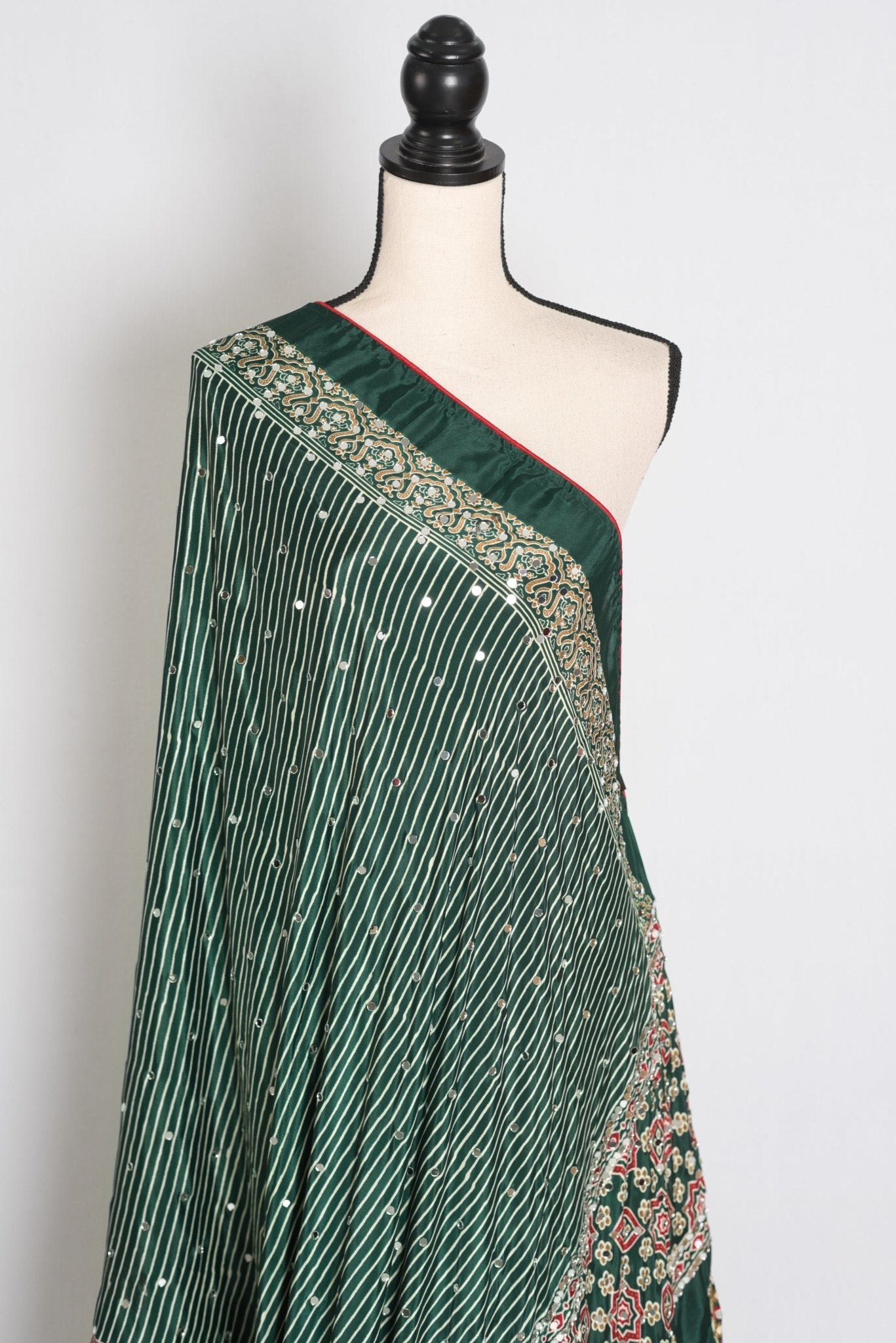 Heena – Deep Green Stripe Semi Modal Silk Ajrakh Saree with Mirror Embroidery - Saree Mandi