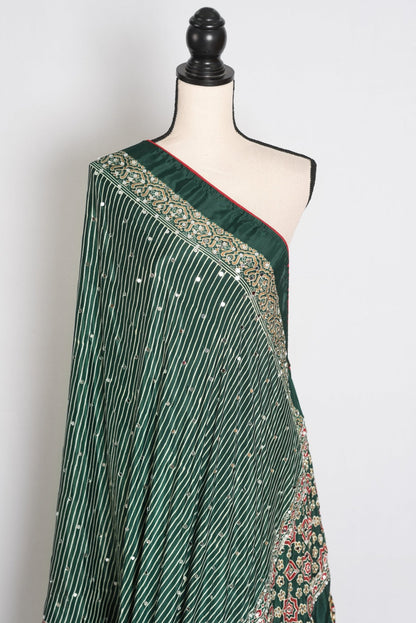 Heena – Deep Green Stripe Semi Modal Silk Ajrakh Saree with Mirror Embroidery - Saree Mandi