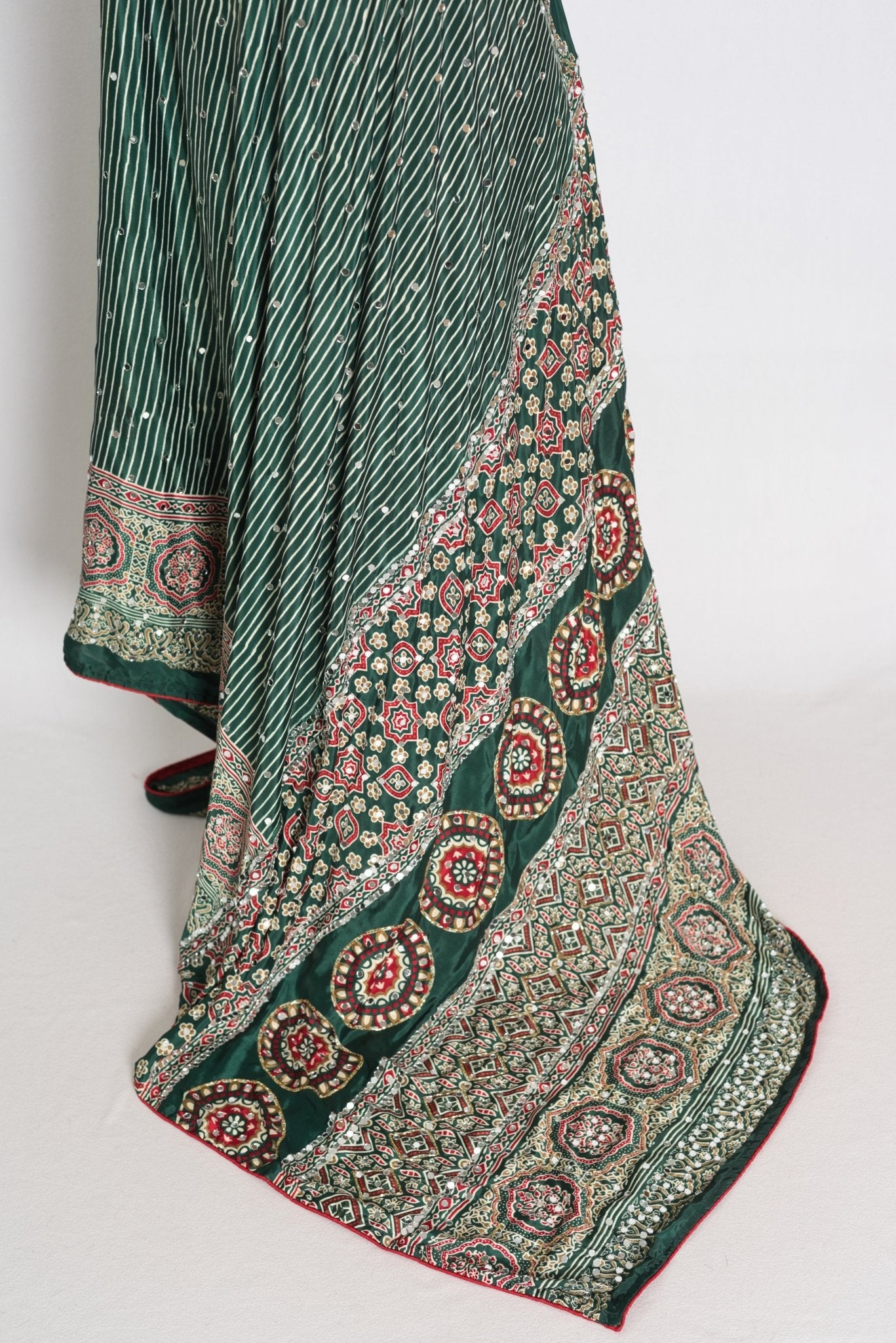 Heena – Deep Green Stripe Semi Modal Silk Ajrakh Saree with Mirror Embroidery - Saree Mandi