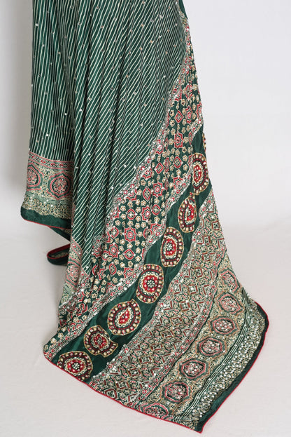 Heena – Deep Green Stripe Semi Modal Silk Ajrakh Saree with Mirror Embroidery - Saree Mandi