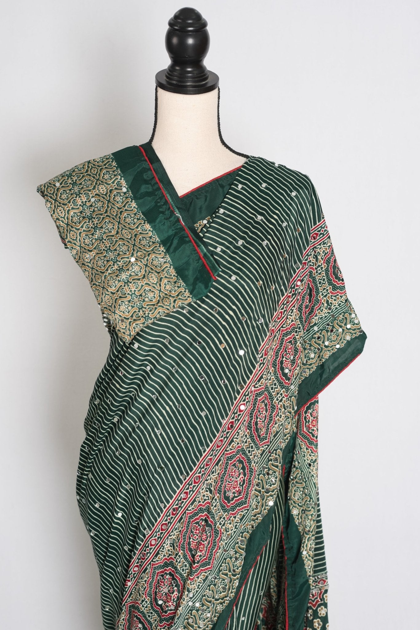 Heena – Deep Green Stripe Semi Modal Silk Ajrakh Saree with Mirror Embroidery - Saree Mandi