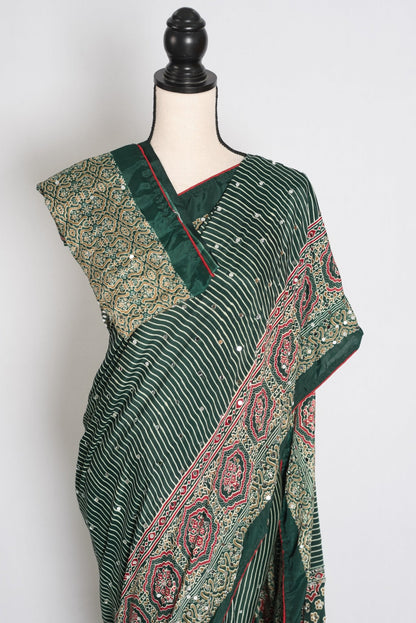 Heena – Deep Green Stripe Semi Modal Silk Ajrakh Saree with Mirror Embroidery - Saree Mandi