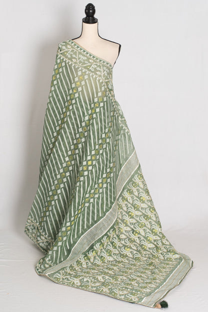 Heena – Soothing Green and White Blended Cotton Jamdani Saree - Saree Mandi