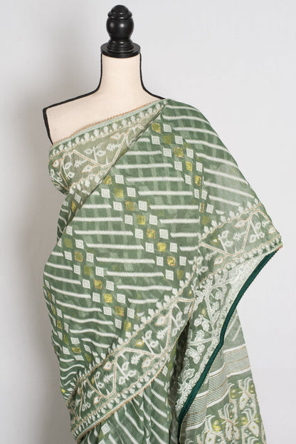 Heena – Soothing Green and White Blended Cotton Jamdani Saree - Saree Mandi