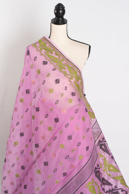 Hema : Purple Blended Soft Cotton Jamdani Bengali Saree with Ganga Jamuna Border - Saree Mandi