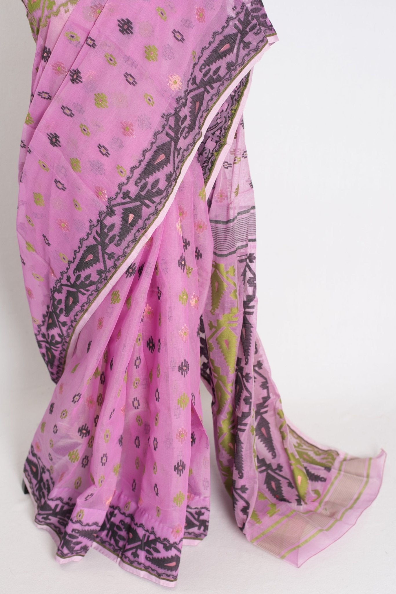 Hema : Purple Blended Soft Cotton Jamdani Bengali Saree with Ganga Jamuna Border - Saree Mandi