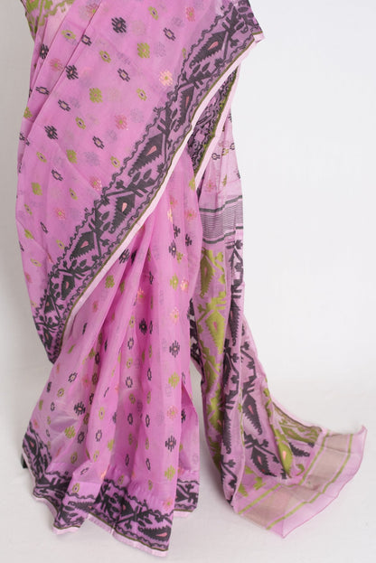 Hema : Purple Blended Soft Cotton Jamdani Bengali Saree with Ganga Jamuna Border - Saree Mandi