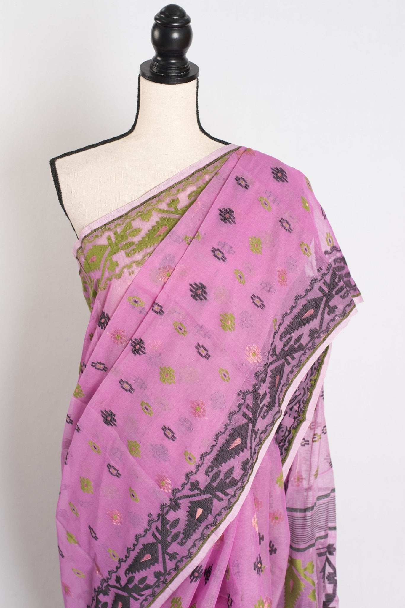 Hema : Purple Blended Soft Cotton Jamdani Bengali Saree with Ganga Jamuna Border - Saree Mandi